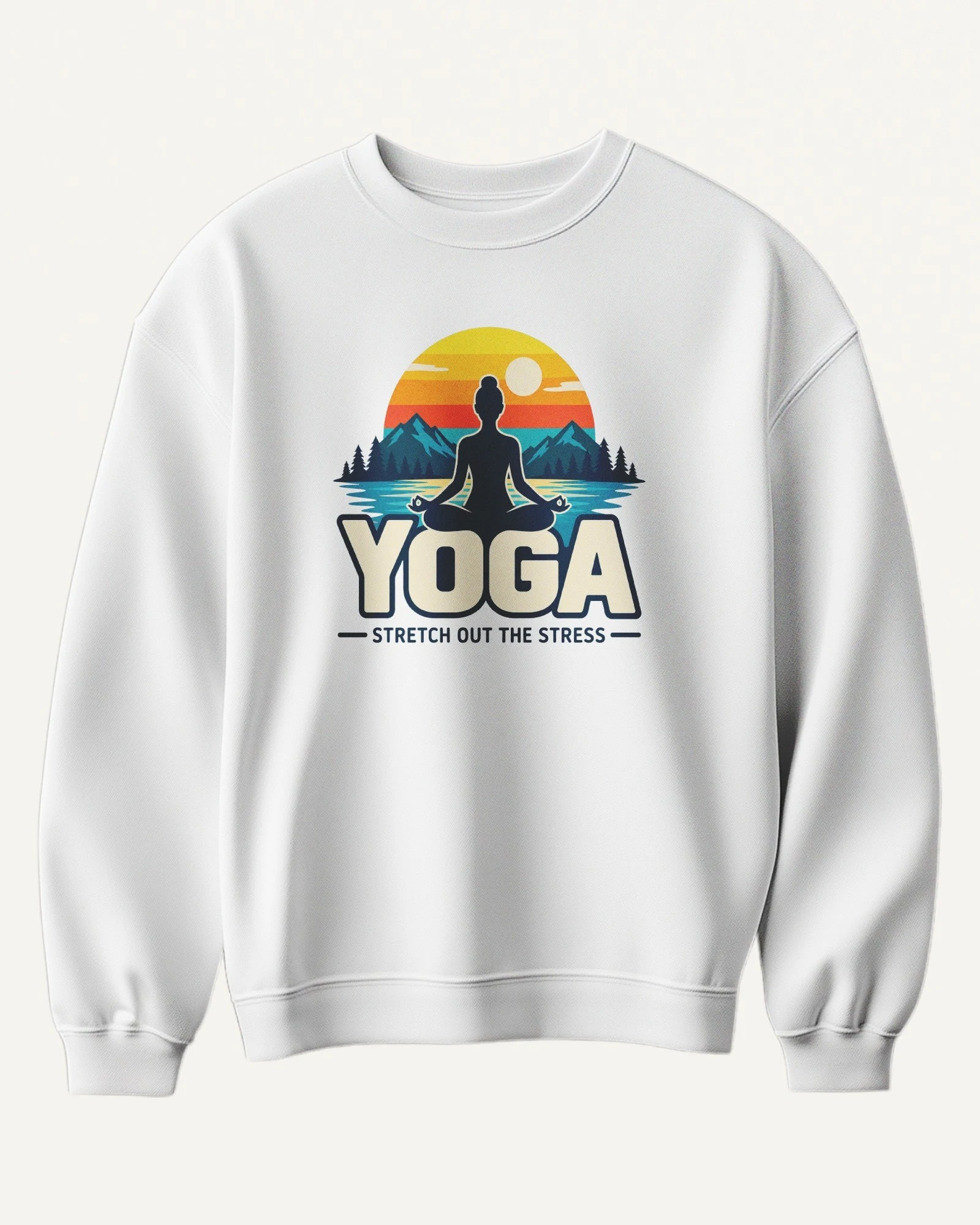 Yoga Stretch Out the Stress Sweatshirt in White — front Yoga Stretch Out the Stress Sweatshirt in White — front