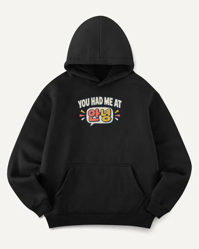 You Had Me at Annyeong Graphic Hoodie in Black — front